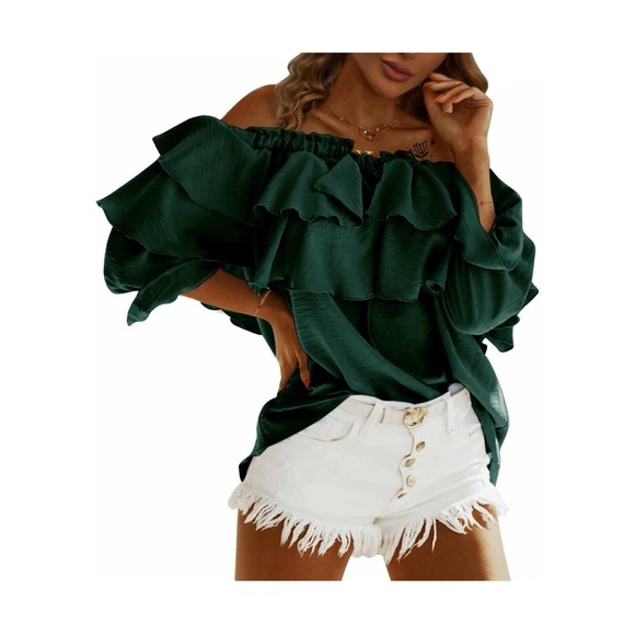 Byinns Women's Off Shoulder Ruffle Long Sleeve Blouses Casual Layered Tops Sz XL - Picture 5 of 9